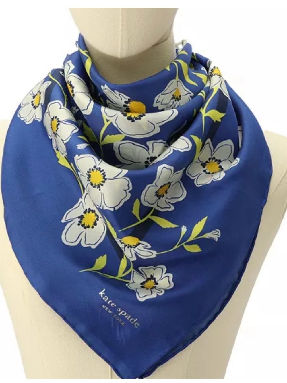 kate spade Royal Blue Floral Silk-Feel Scarf with White & Yellow Blooms